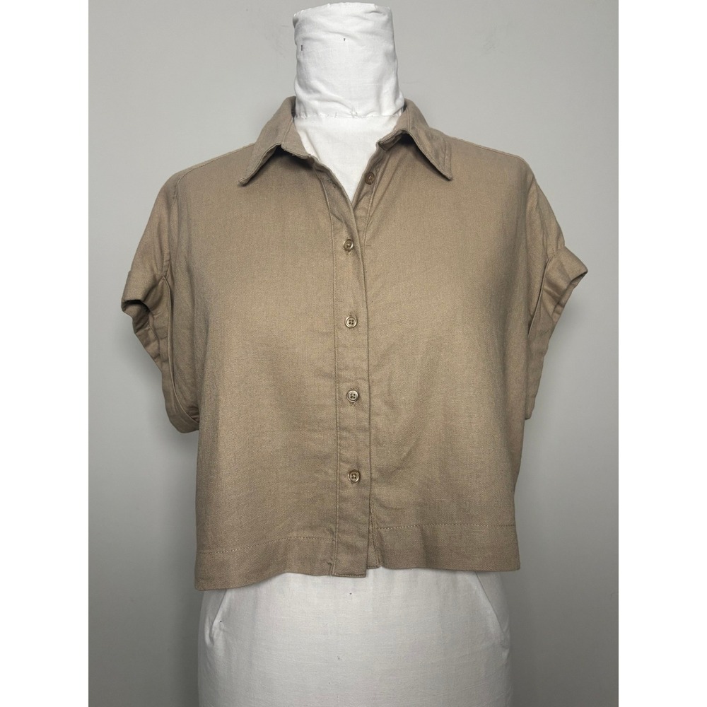 Buffalo David Bitton Womens Tan Linen Blend Cropped Button Down Shirt Size M